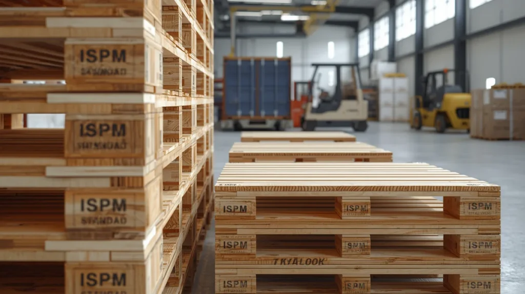 Stos palet drewnianych z oznaczeniem ISPM 15 w magazynie logistycznym, przygotowany do transportu międzynarodowego