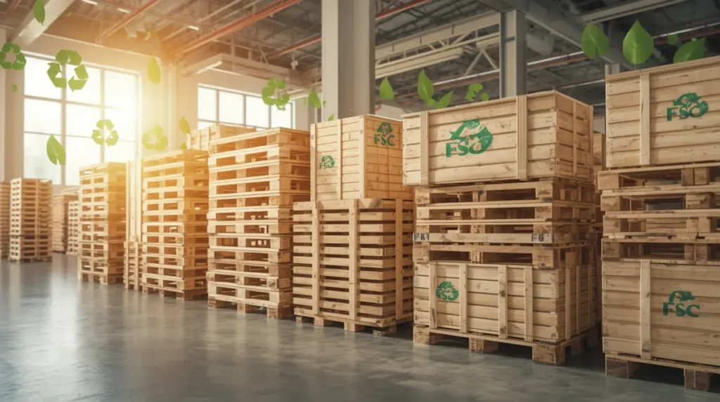 Drewniane palety i skrzynie z certyfikatem FSC symbolizujące recykling i niską emisję w magazynie w krajach UE
